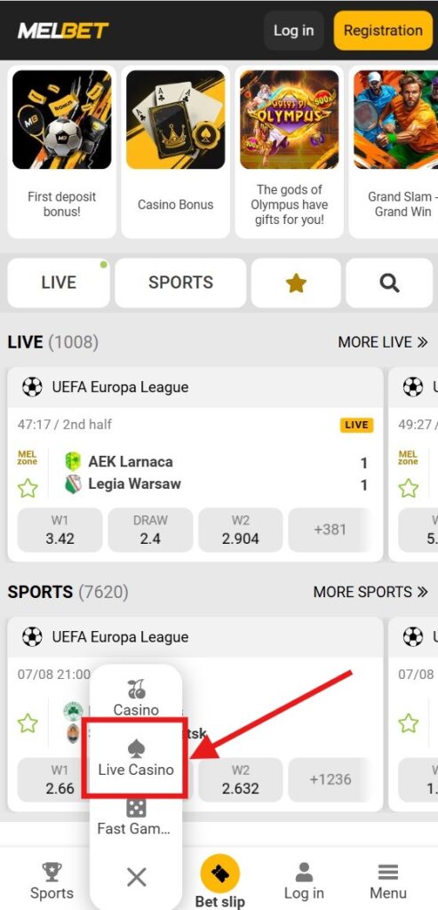 How to find MelBet live casino section