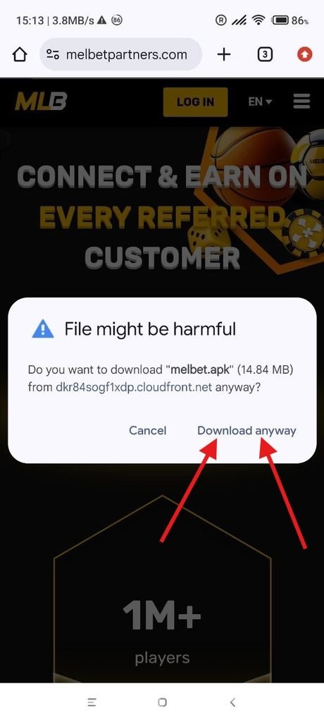 Mensaje de advertencia de la APK de MelBet Partners